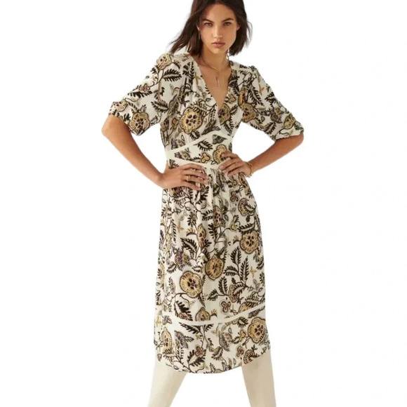 Ba&Sh Vienne Printed Crepe Midi Dress Flower Leaf Print Cream Size 8 NWT - Picture 1 of 14